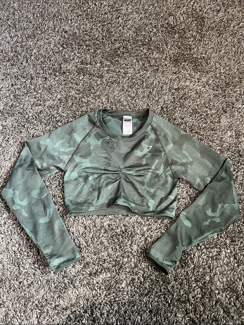 Gymshark Long-Sleeve Cropped Top in Green Camo
